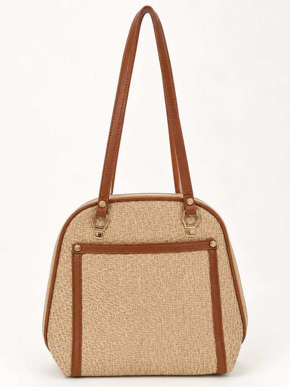 Women's Tan Straw-Style Tote Bag with Brown Trim